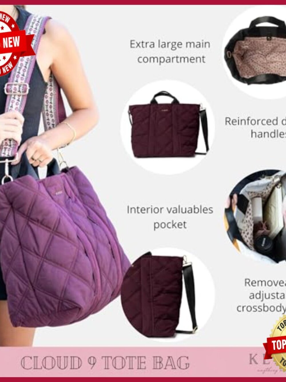 Quilted Puffer Tote Bag with Interchangeable Crossbody Strap - Picture 2 of 7